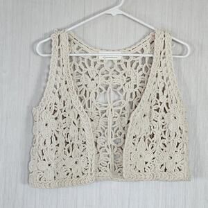 SALE Anthropologie Crochet Open Front Vest cream One Size